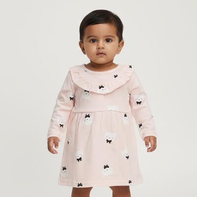 Infants' Soft Pink Cotton Printed Long Sleeve Frock