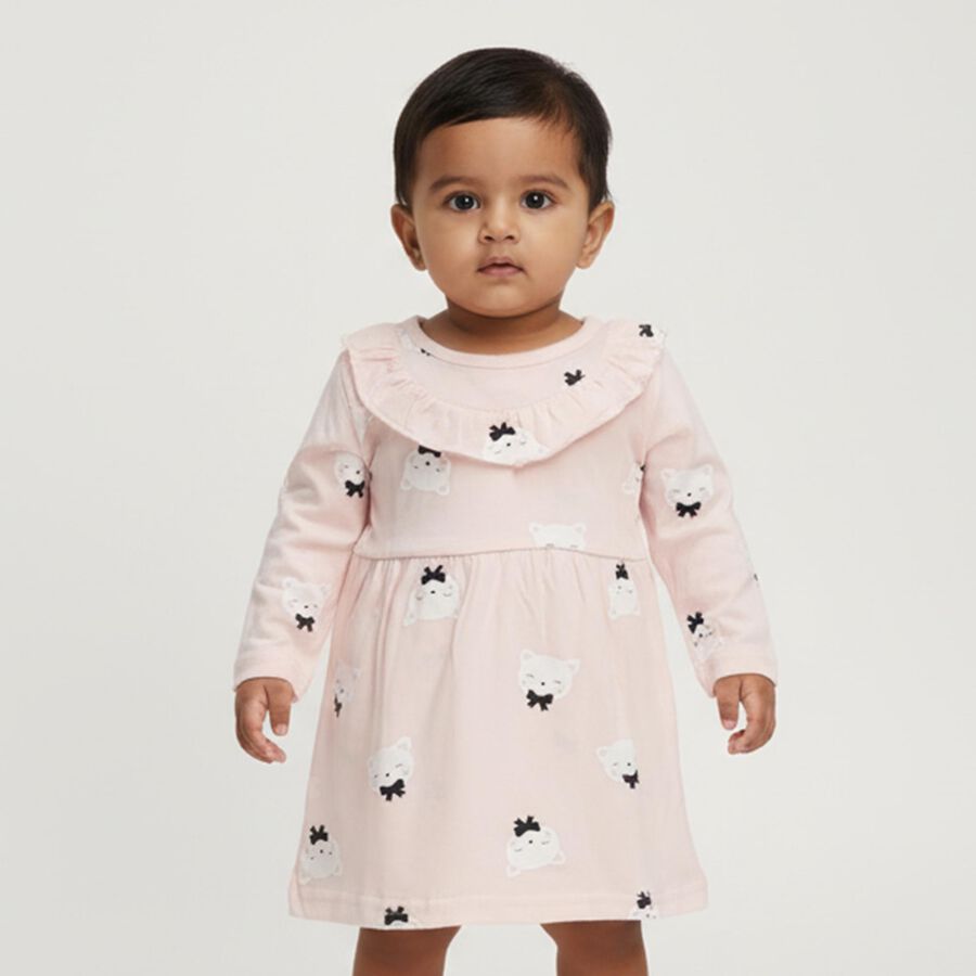 Infants' Soft Pink Cotton Printed Long Sleeve Frock, हल्का गुलाबी, large image number null