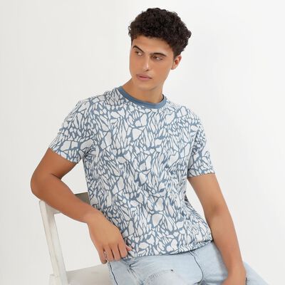 Men's Light Blue Round Neck Printed T-Shirt