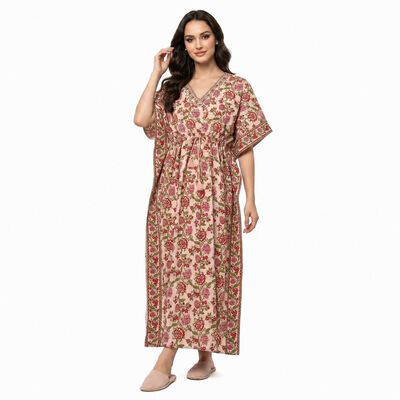 Women's Light Pink V-Neck Kaftan Nighty