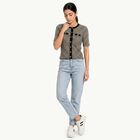 Women's Black Round Neck Striped Regular Top, काला, small
