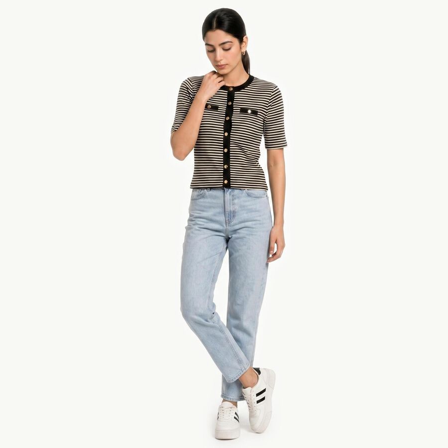 Women's Black Round Neck Striped Regular Top, काला, large