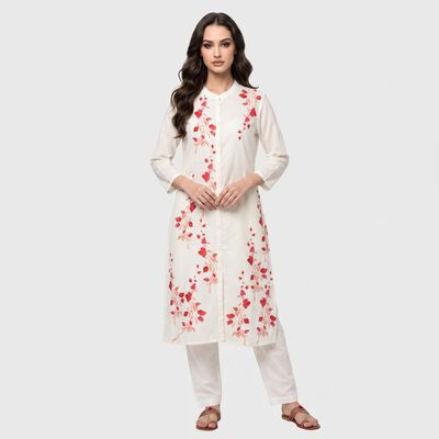 Women's Fuchsia Mandarin Collar Floral Printed Kurta