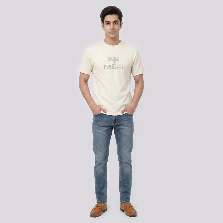Men's Cream Round Neck Graphic Print T-Shirt, Off White, large