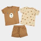Infants' Beige 100% Cotton Round Neck Bear Print Baba Suit, Beige, small