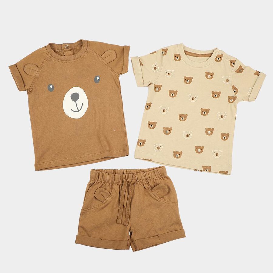 Infants' Beige 100% Cotton Round Neck Bear Print Baba Suit, Beige, large