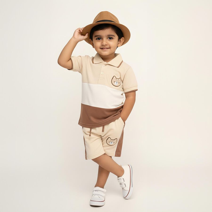 Infants' Beige Cotton Polo Neck Cartoon Patch Baba Suit, Beige, large image number null