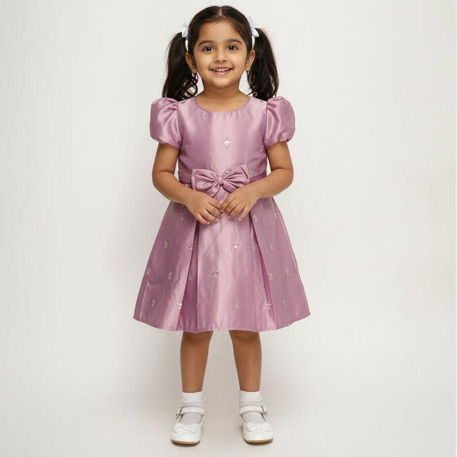 Girls' Light Dusty Pink Puff Sleeve Bow Party Wear Frock, Lilac, large image number null