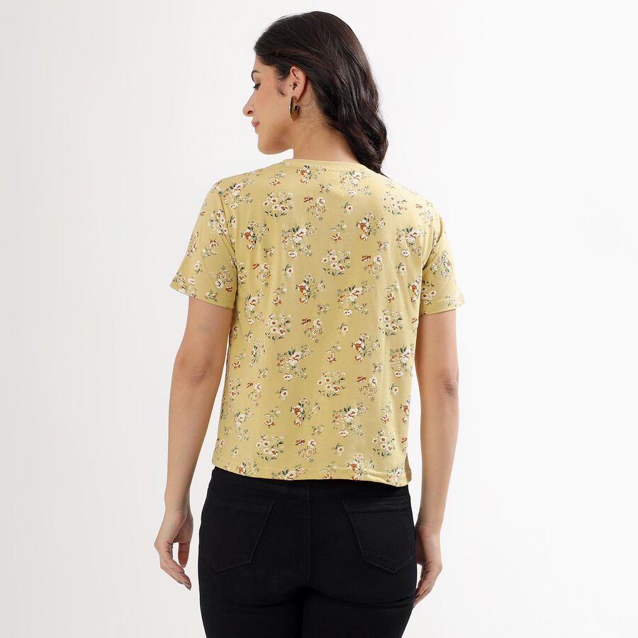 Women's Muted Mustard Yellow Round Neck Floral T-Shirt, Khaki, large image number null