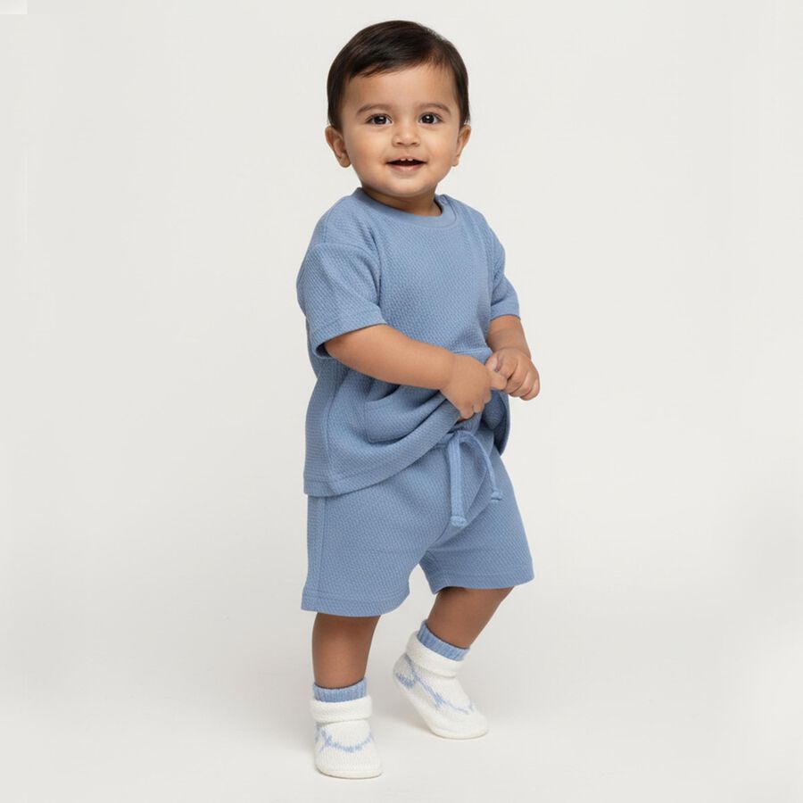 Infants Soft Baby Blue Textured Cotton Baba Suit, मध्यम नीला, large image number null