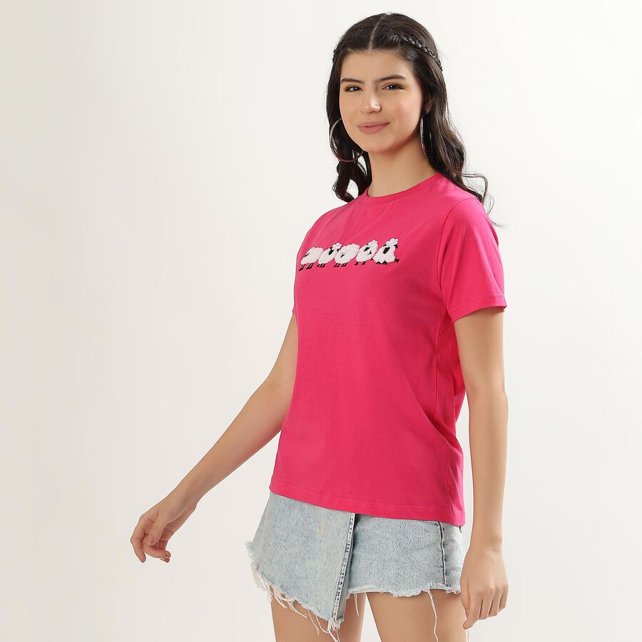 Women's Bright Pink Cotton Round Neck Casual T-Shirt, Fuchsia, large image number null