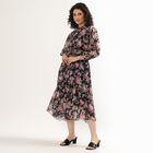 Women's Black Floral Mandarin Collar Midi Dress, Black, small