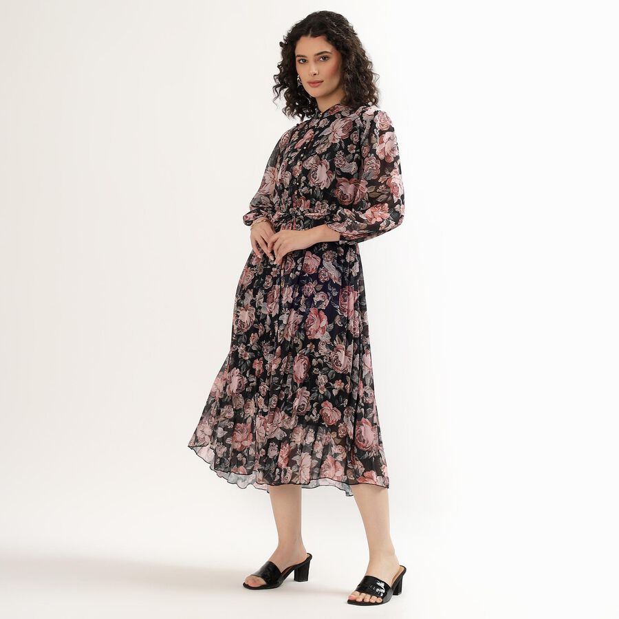Women's Black Floral Mandarin Collar Midi Dress, Black, large