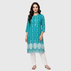 Women's Teal Round Neck Printed Kurta, मध्यम नीला, small