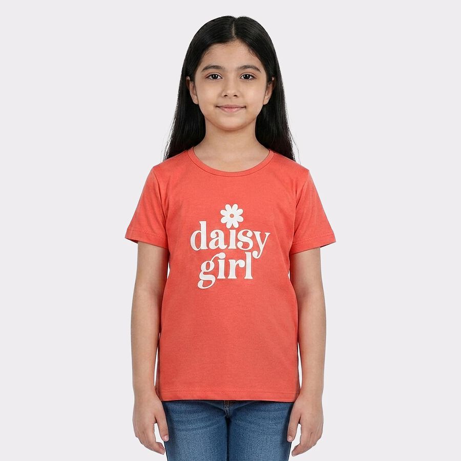 Girls' Coral Round Neck Regular T-Shirt, मूँगा (कोरल), large