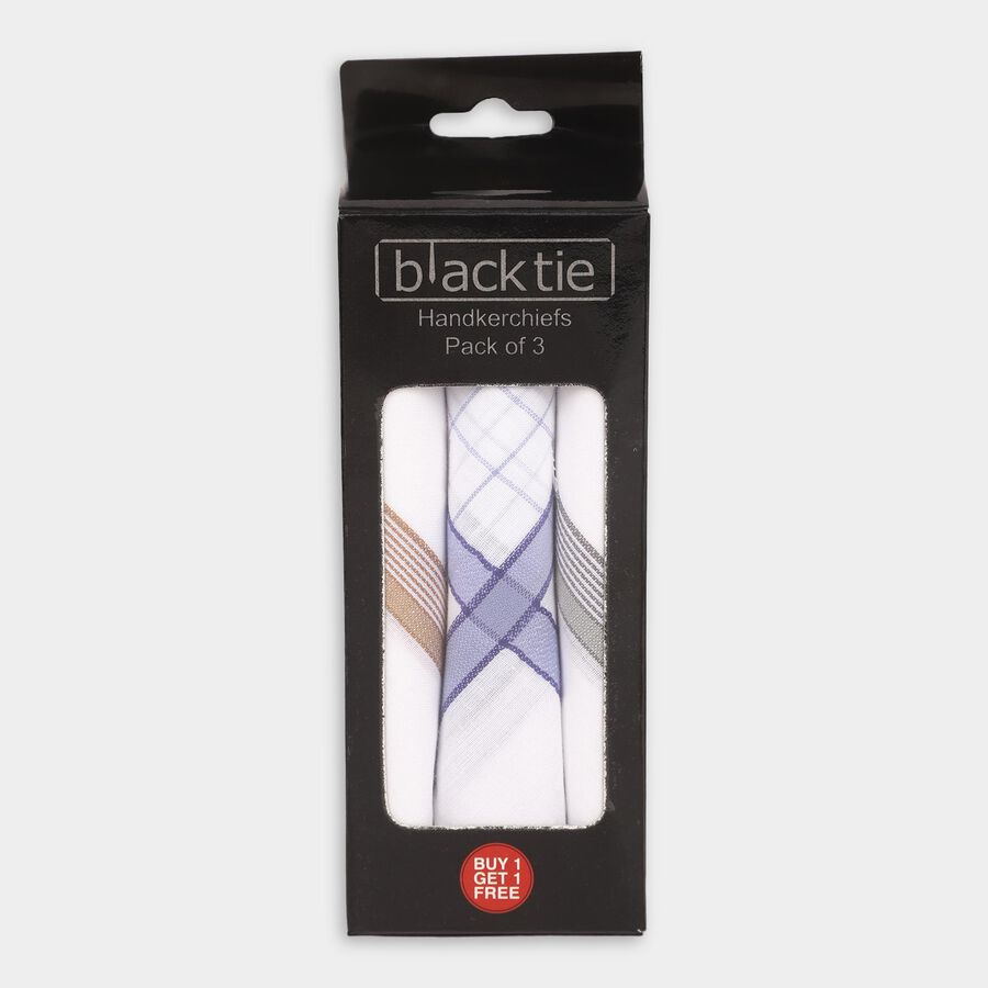 Men's White Cotton Checkered Handkerchief Pack of 3, Light Blue, large image number null
