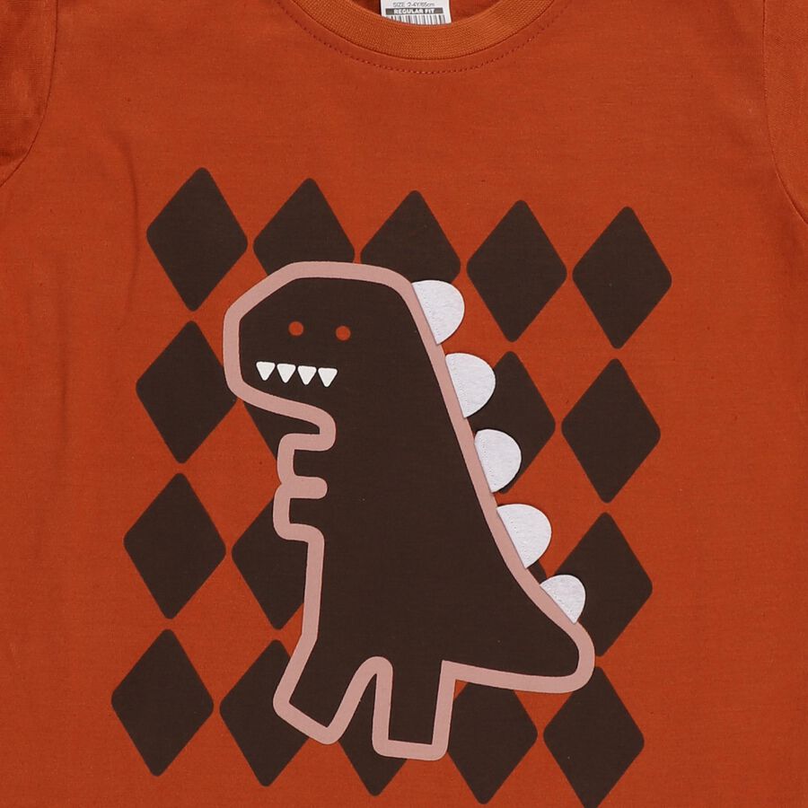 Boys' Rust Orange Cotton Dinosaur Printed Baba Suit, Brown, large image number null