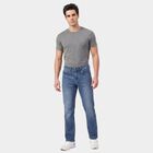 Men's Blue Straight Fit Washed Jeans, मध्यम नीला, small