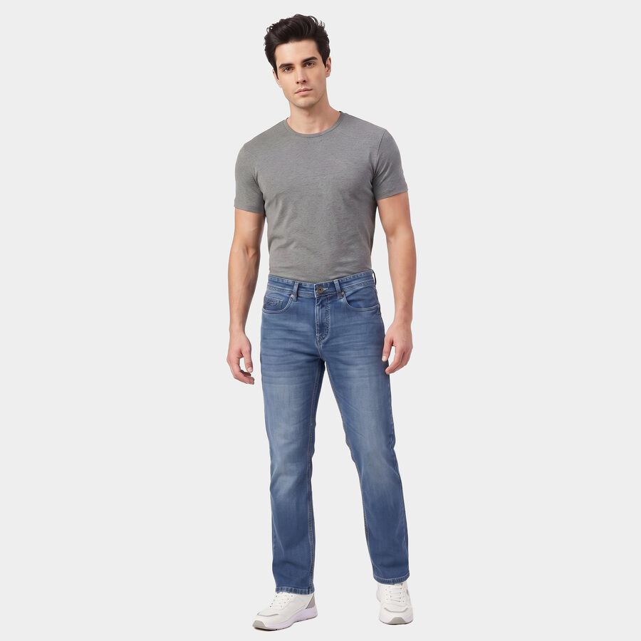 Men's Blue Straight Fit Washed Jeans, मध्यम नीला, large