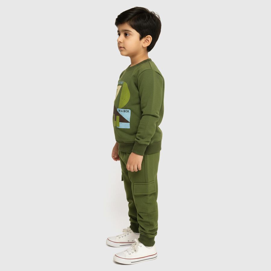 Boys' Olive Round Neck Graphic Baba Suit, ओलिव, large image number null
