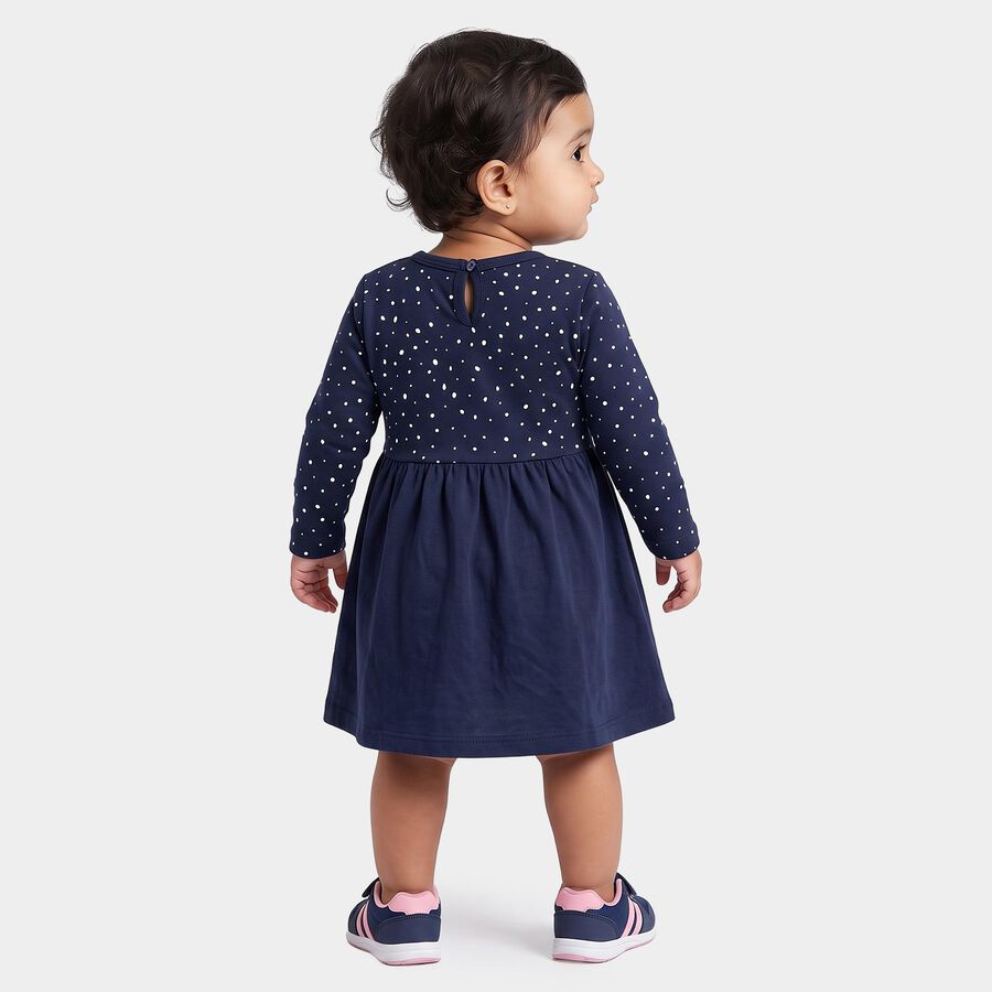 Infants' Navy Blue Fit and Flare Polka Dot Teddy Print Frock, नेवी ब्लू, large