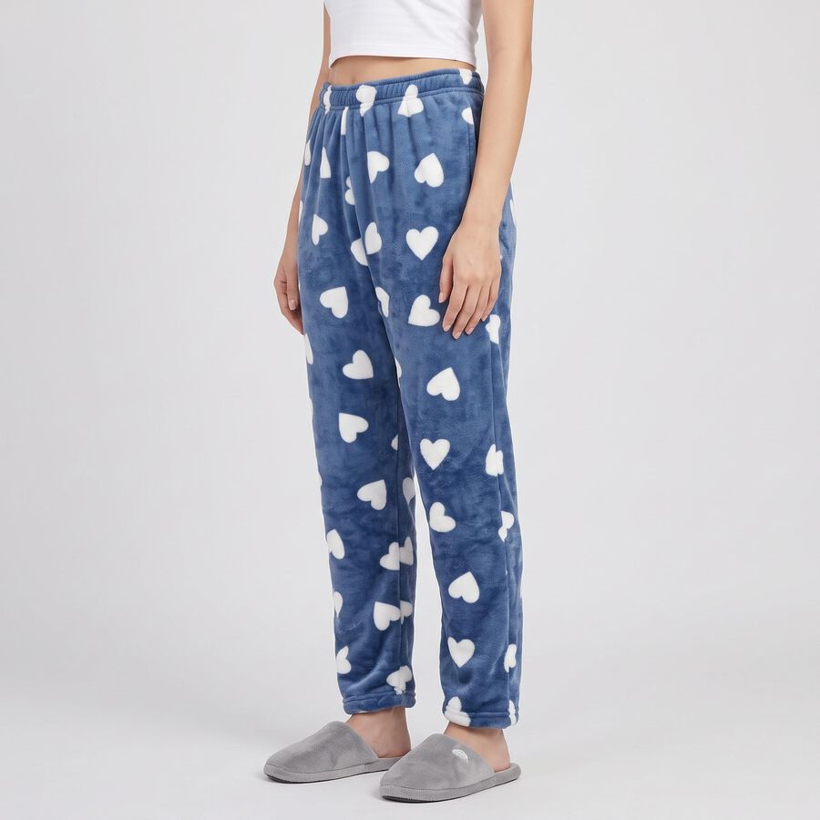Women's Blue Straight Fit Heart Printed Lounge Pyjama, गहरा नीला, large