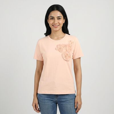 Women's Light Pink Round Neck Casual T-Shirt