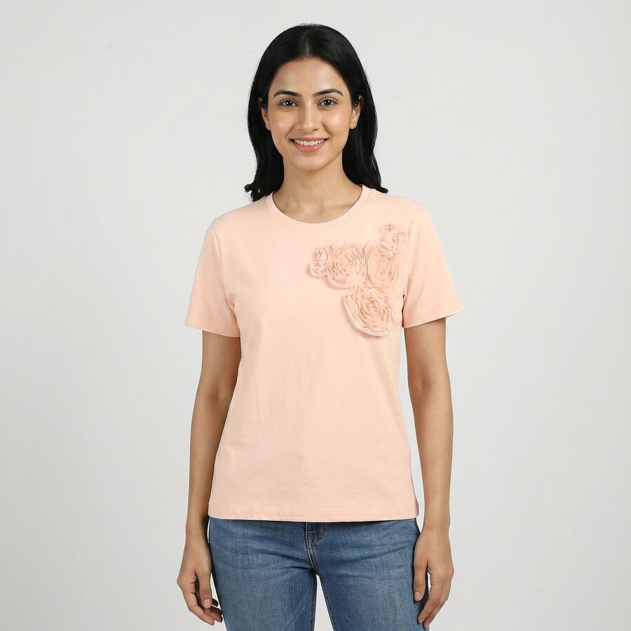 Women's Light Pink Round Neck Casual T-Shirt, Light Pink, large