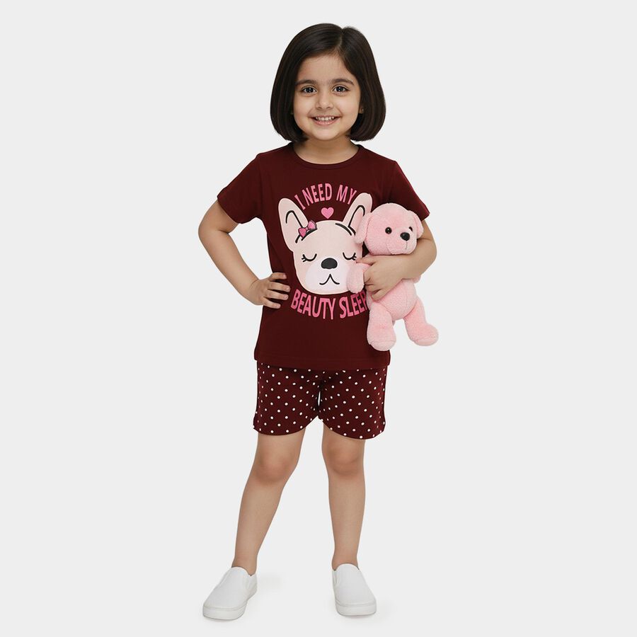 Girls Wine Round Neck Cat Graphic Printed Night Suit, वाइन, large