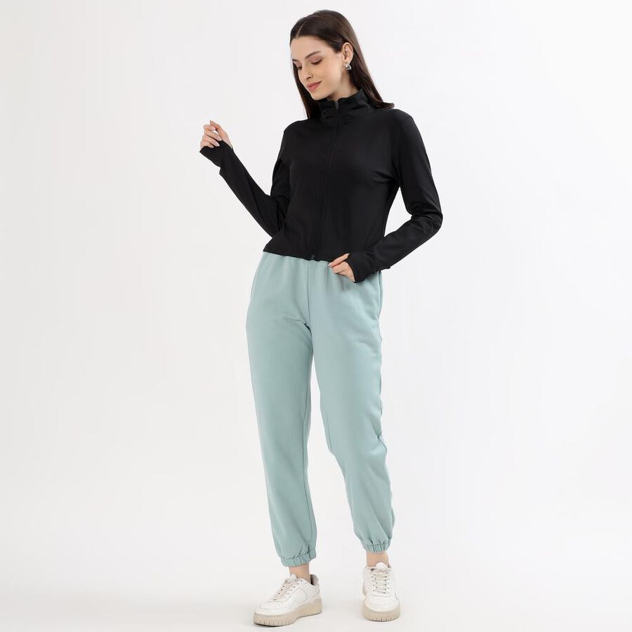 Women's Jet Black High Neck Casual Jacket, काला, large image number null