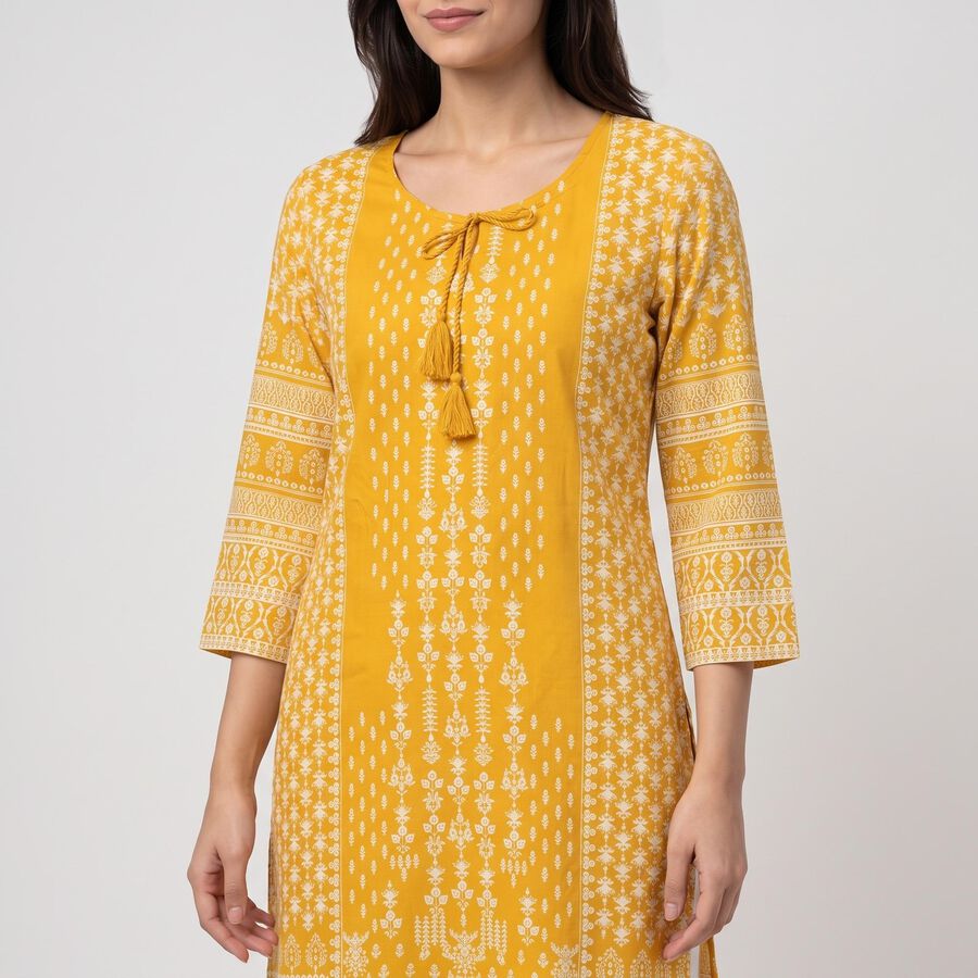 Women's Mustard Round Neck Printed Straight Kurta, Mustard, large