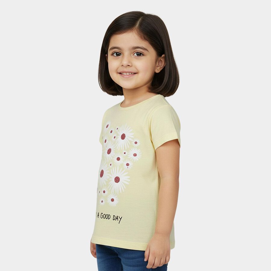 Girls' Yellow Cotton Round Neck Casual T-Shirt, पीला, large