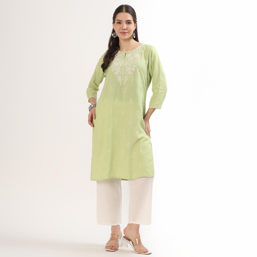 Women's Light Sage Green Round Neck Embroidered Kurta, Light Green, large image number null