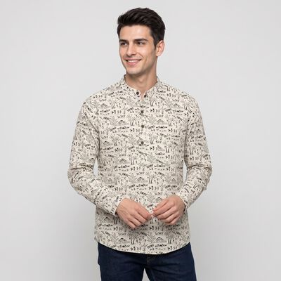 Men's Beige Cotton Mandarin Collar Printed Kurta