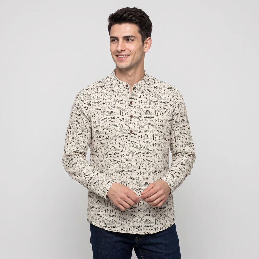 Men's Beige Cotton Mandarin Collar Printed Kurta, गहरा पीला, large