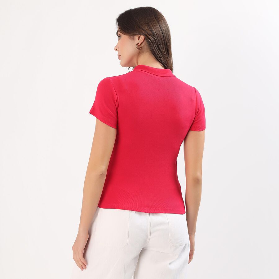 Women's Bright Fuchsia Polo Neck Casual T-Shirt, रानी (फ्यूशिया), large