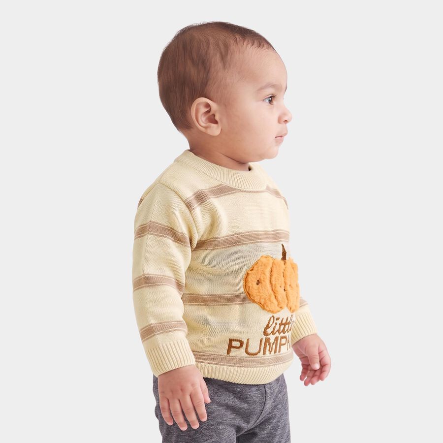 Infants' Beige Crew Neck Printed Pullover, गहरा पीला, large