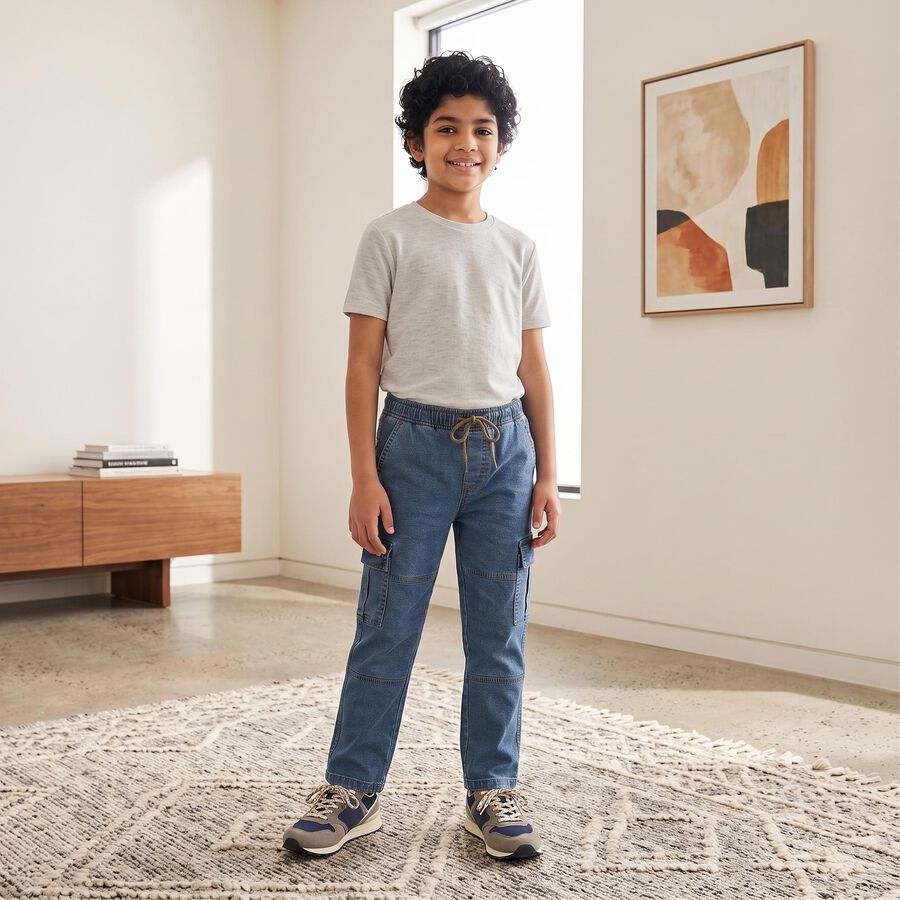 Boys Blue Cargo Fit Utility Jeans, Mid Blue, large
