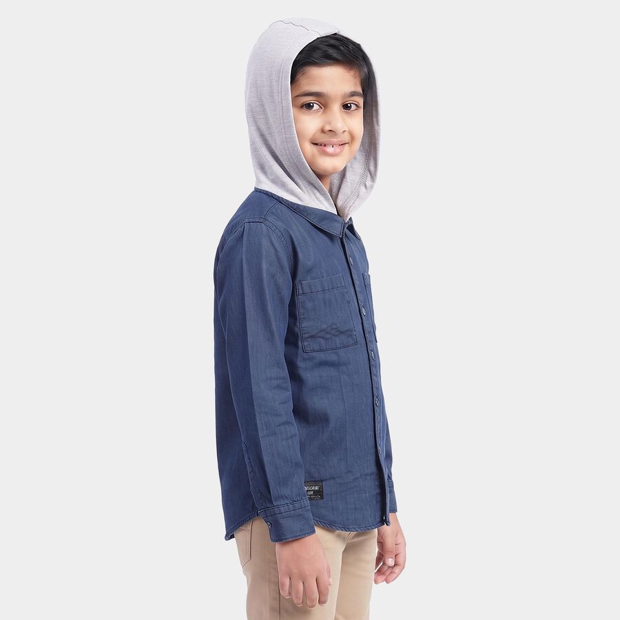 Boys Navy Blue Hooded Casual Shirt, Mid Blue, large