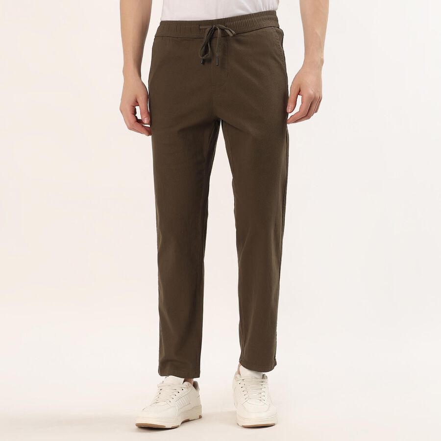 Men's Olive Slim Fit Stretchable Casual Trousers, ओलिव, large