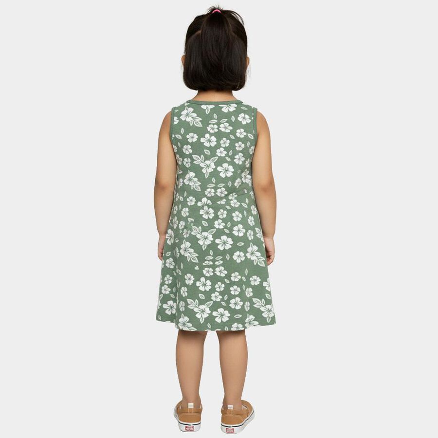 Girls' Muted Sage Green Floral Sleeveless A-Line Frock, Light Green, large image number null
