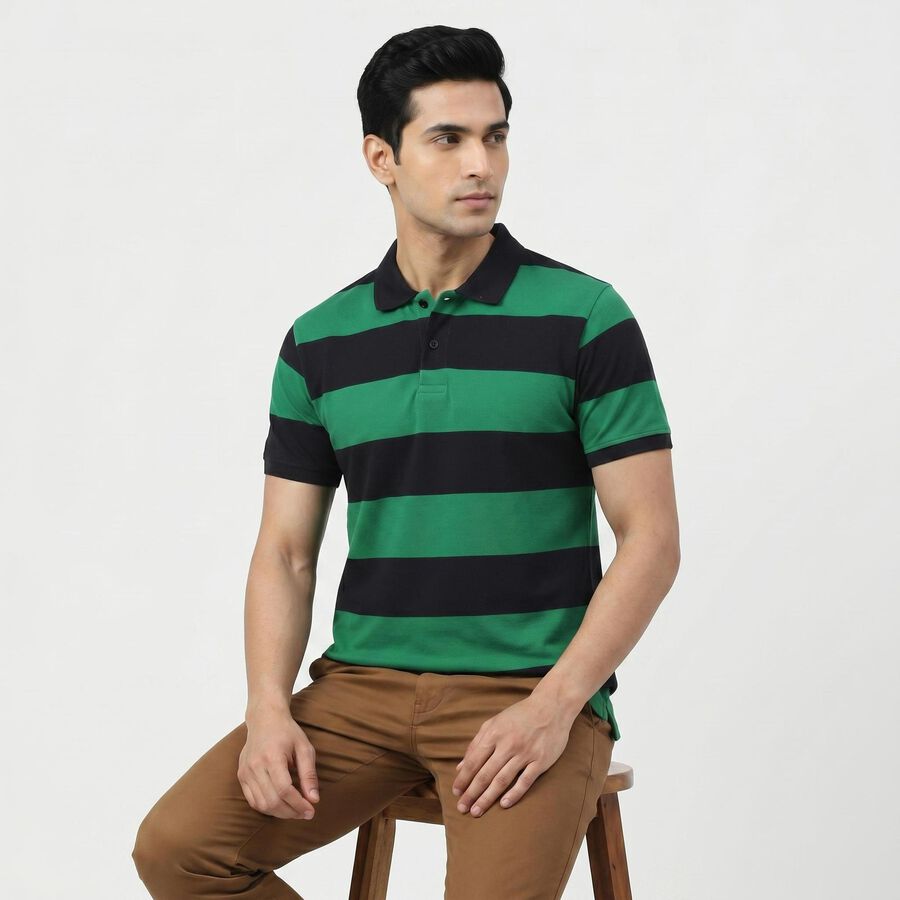 Men Green Polo Neck Striped T-Shirt, Dark Green, large
