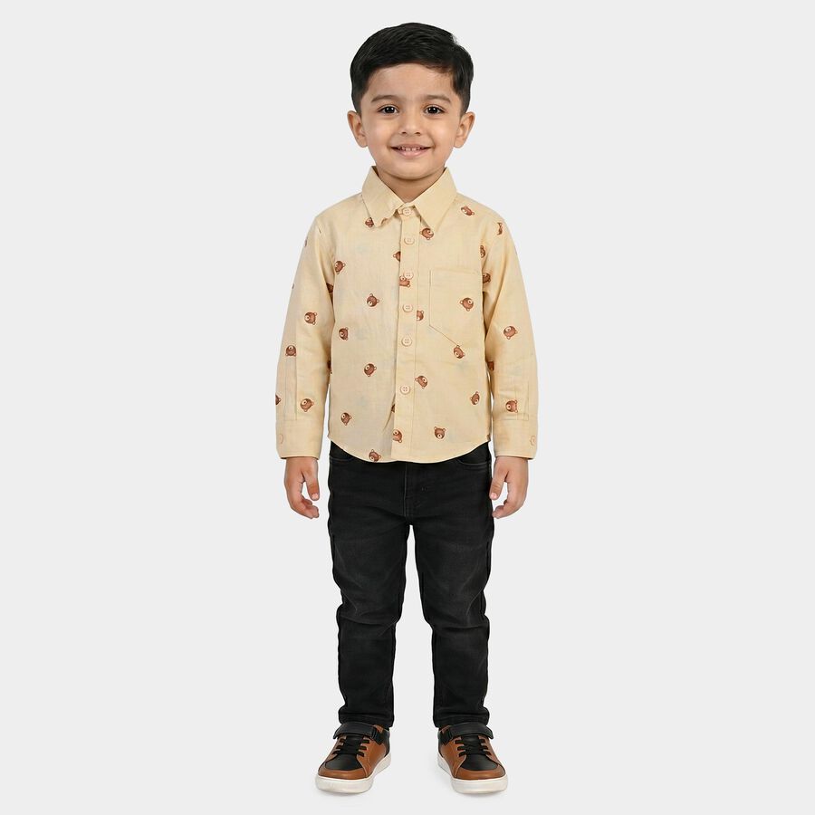 Boys Beige Cotton Long Sleeves Collar Regular Fit Shirt, Beige, large