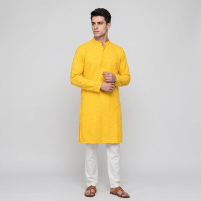 Men's Yellow Mandarin Collar Embroidered Kurta Set