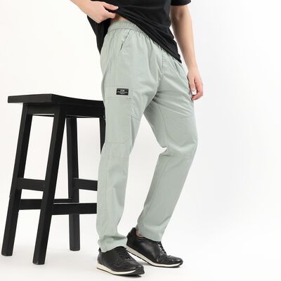 Men's Jet Black Regular Fit Cotton Track Pants, Light Green Men's Jet Black Regular Fit Cotton Track Pants