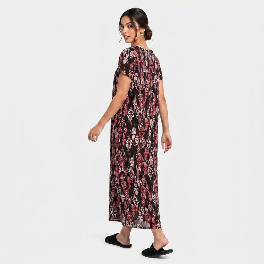 Women's Black Round Neck Maxi Nighty, Black, large