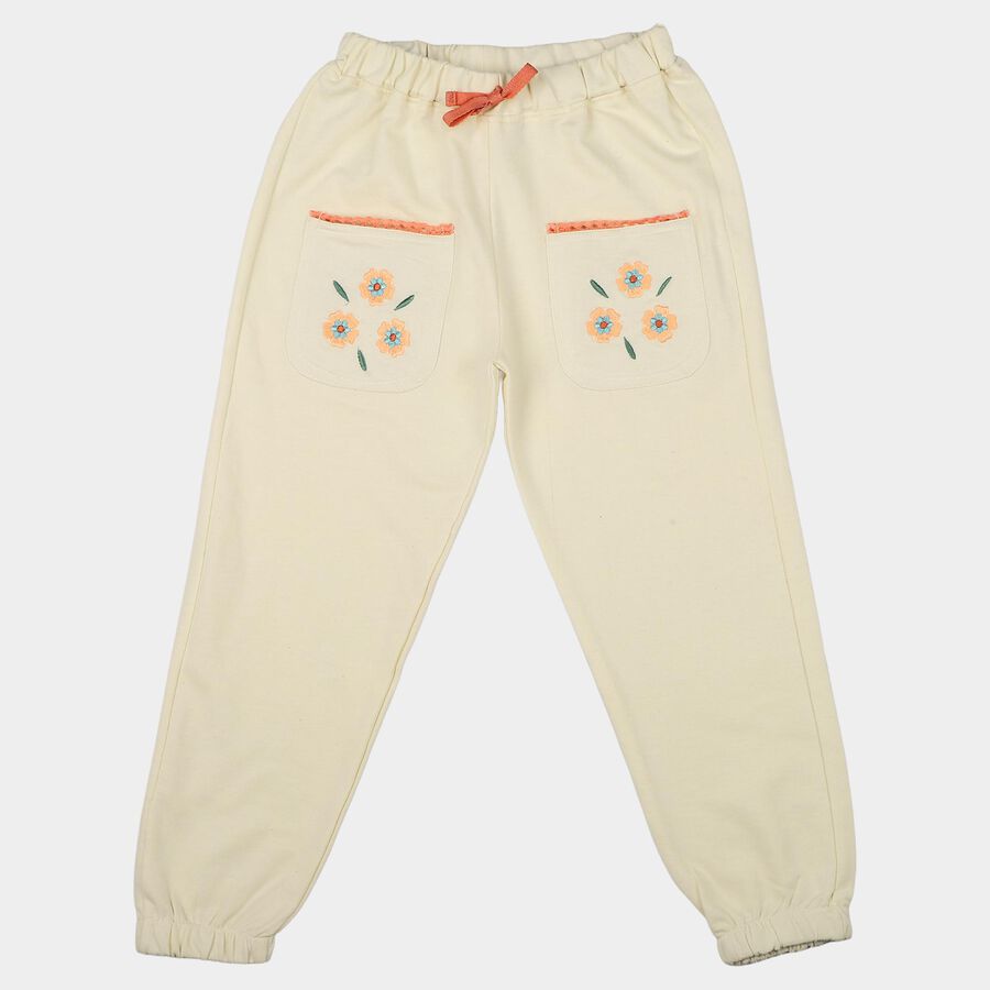 Girls' Off White Jogger Fit Floral Embroidered Cotton Pyjama, Off White, large
