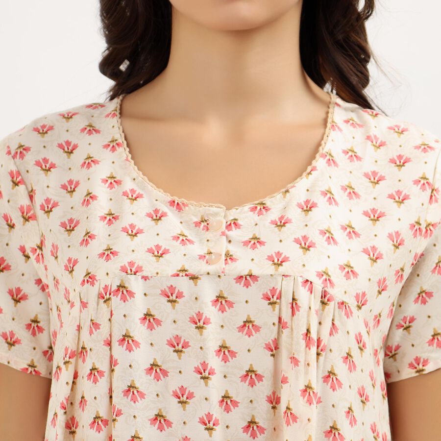 Women's Off-White Round Neck Casual Nighty, Beige, large image number null