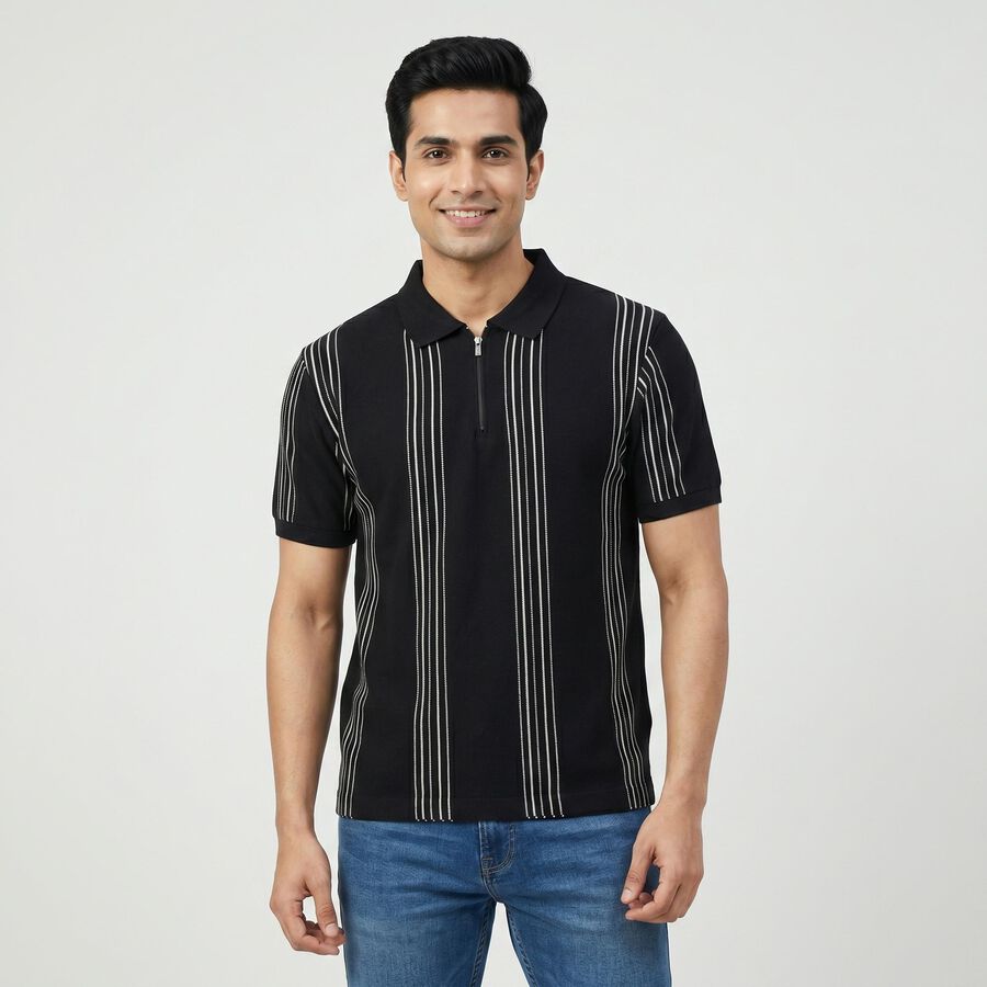 Men Black Collared Casual T-Shirt, Black, large