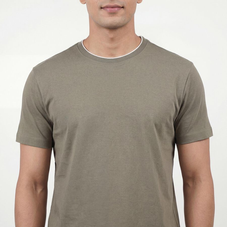 Men's Olive Cotton Round Neck Casual T-Shirt, ओलिव, large